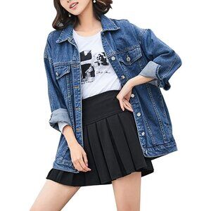 Women's Oversized Mid Long Denim Jacket Jean Biker Coat Long Sleeves Dark Blue